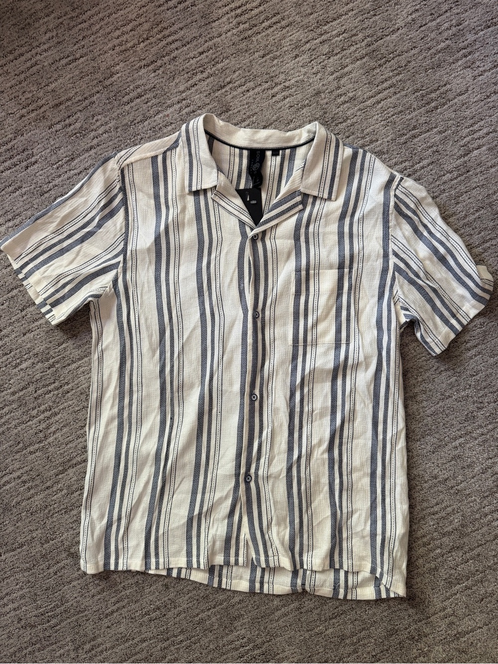 Soulstar Linen-Like Stripe Button-Up Shirt - Camp Collar - Cream & Navy NWT